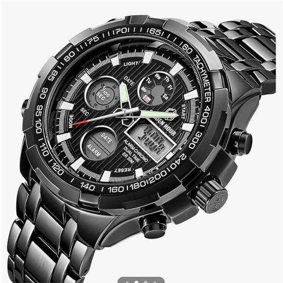 GOLDEN HOUR Stainless Steel AnalogDigital Outdoor Sport WaterproofBig Heavy Nwt - Picture 3 of 11